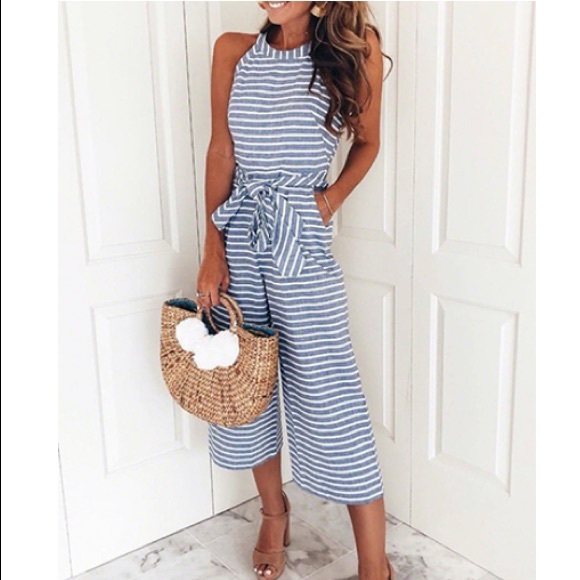 🍍 Women's Cold Shoulder Striped Jumpsuit - Picture 1 of 13